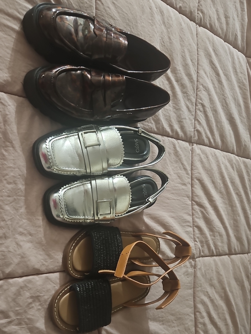Franco Sarto Silver Slingback Loafer, Brown Tortoise Loafer, Black & Tan Sandal